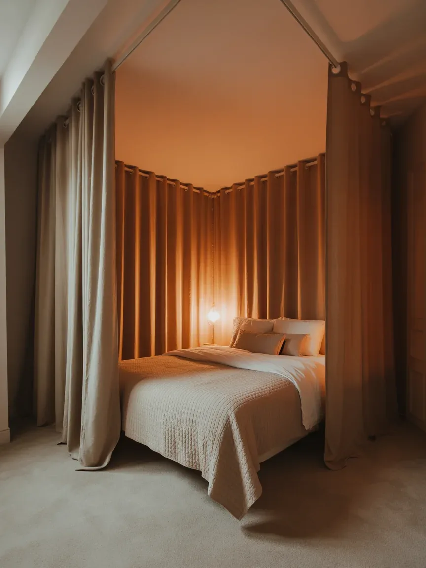 22. Cozy Curtain-Separated Bed Corner 22. Cozy Curtain-Separated Bed Corner