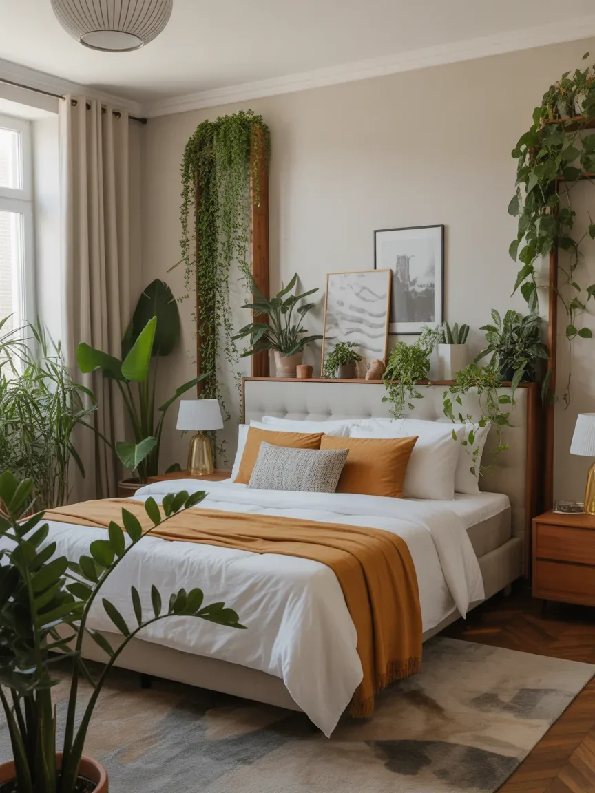 24. Cozy Greenery-Filled Warm Bedroom 24. Cozy Greenery-Filled Warm Bedroom