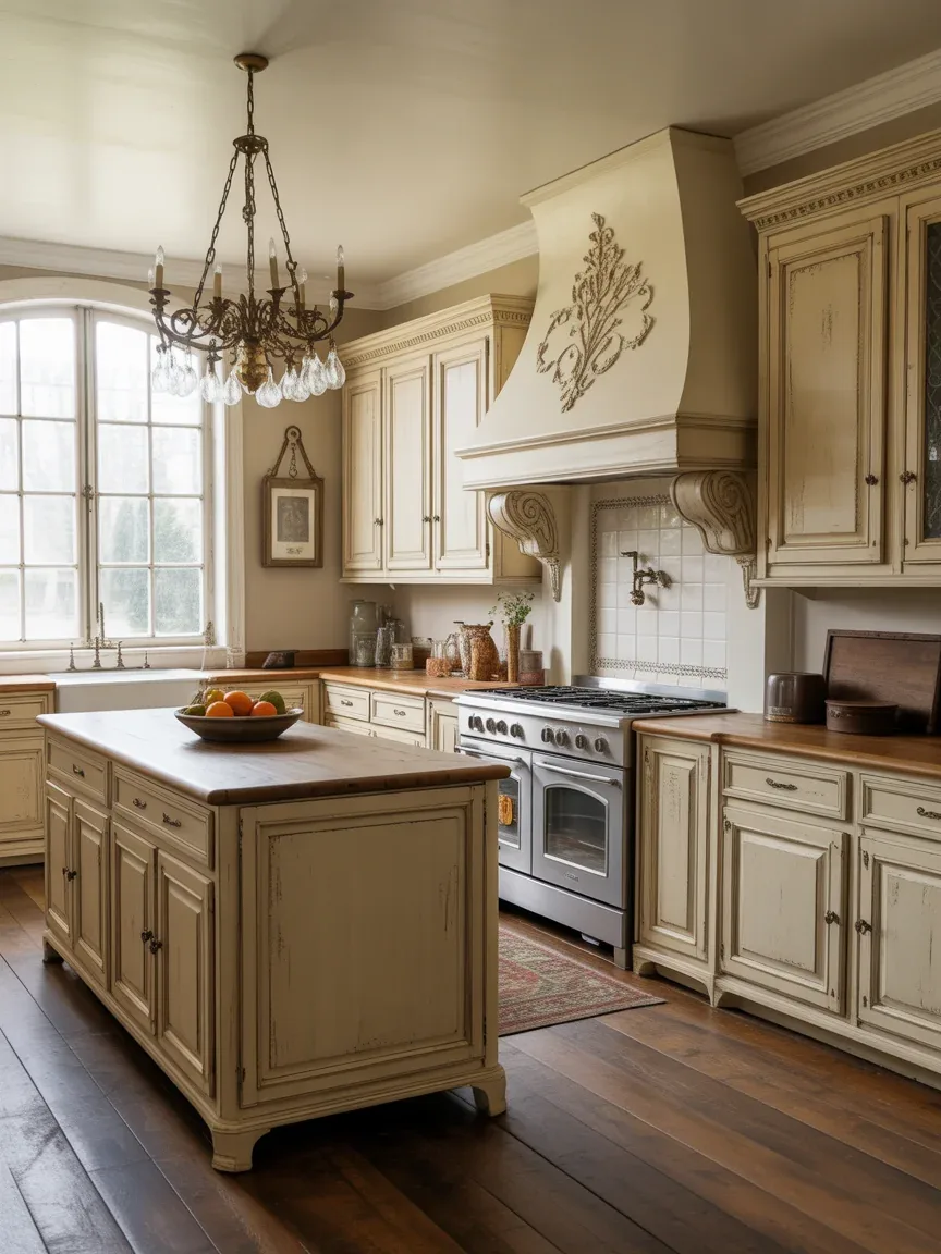 7. Creamy French Country Kitchen With Elegant Details 7. Creamy French Country Kitchen With Elegant Details
