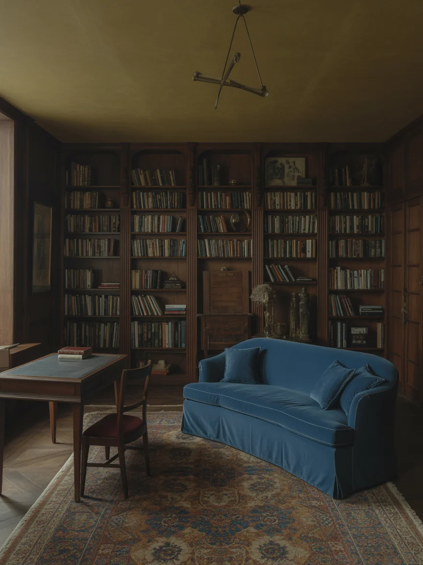 14. Dark Academia With Inky Blue Sofa