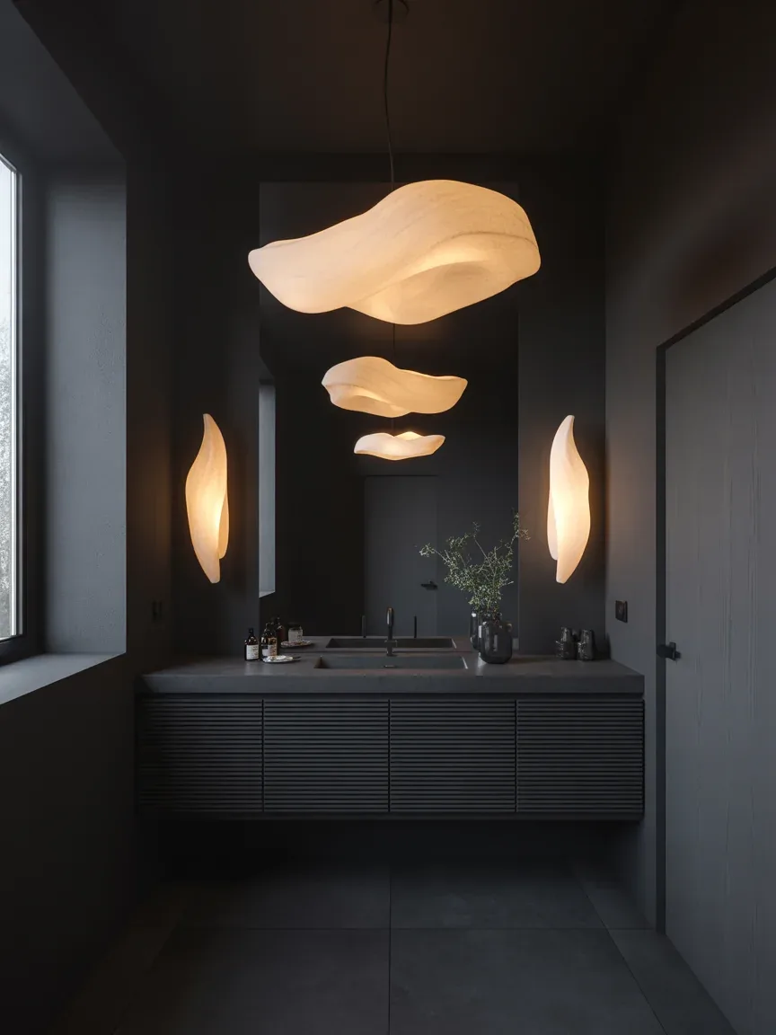 18. Dark Bathroom With Sculptural Lighting 18. Dark Bathroom With Sculptural Lighting