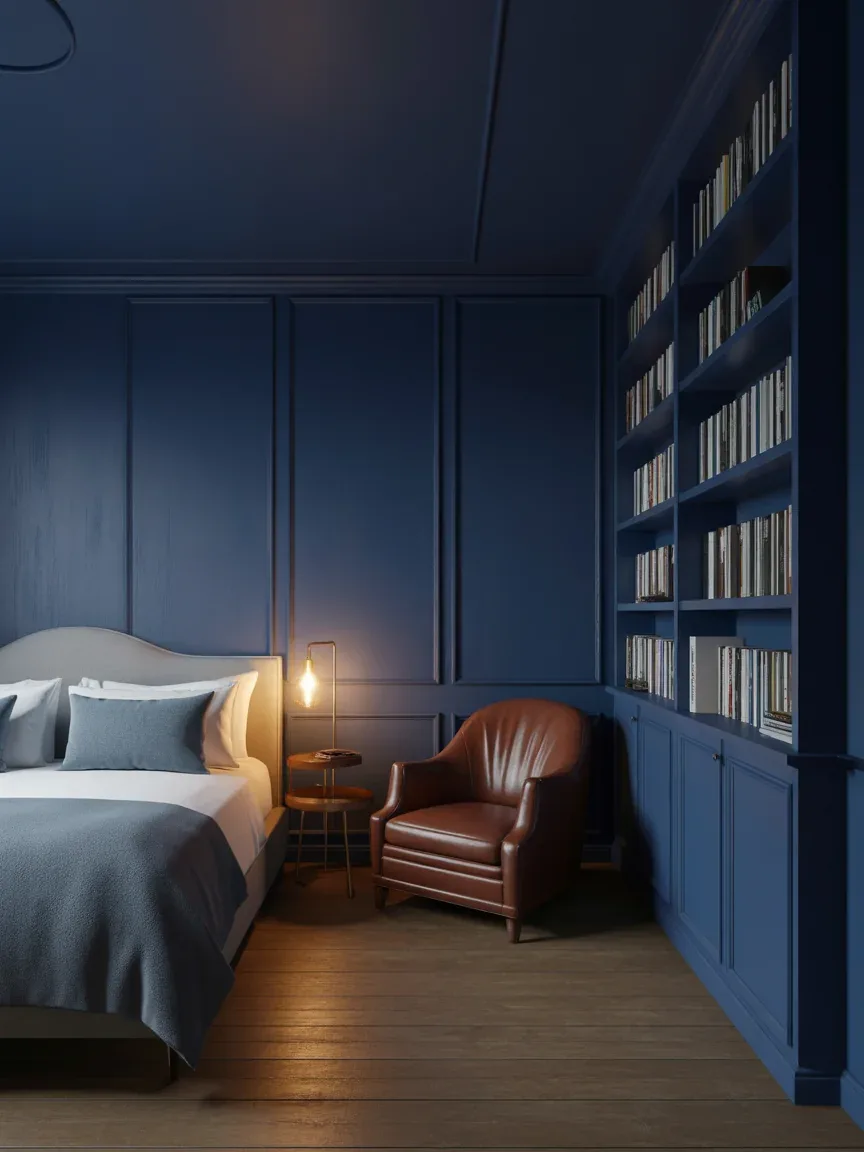 24. Dark Blue Library-Inspired Bedroom 24. Dark Blue Library-Inspired Bedroom