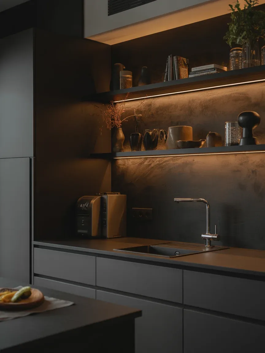 23. Dark Moody Kitchen With Ambient Shelf Lighting 23. Dark Moody Kitchen With Ambient Shelf Lighting