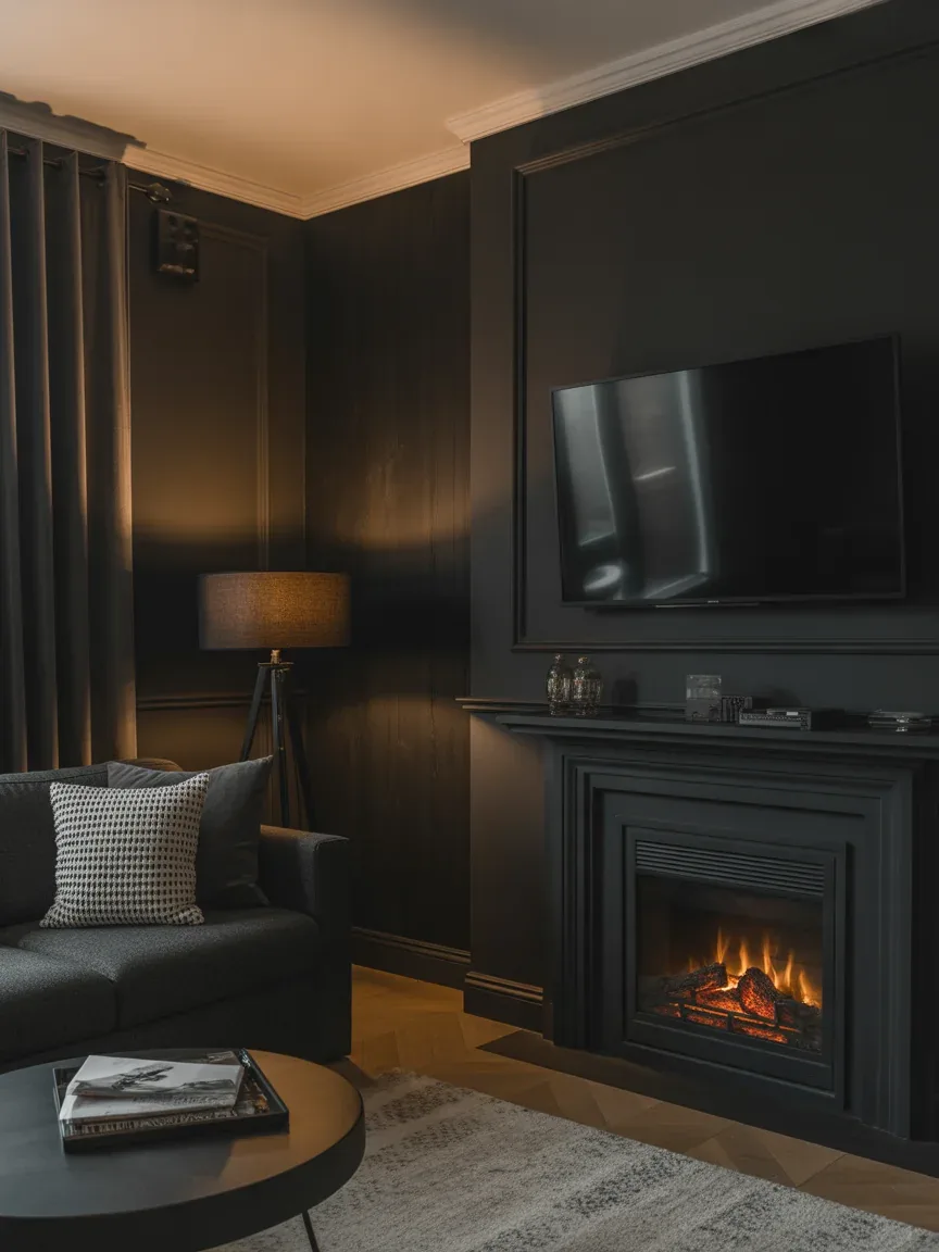 19. Dark Moody Living Room With Fireplace Glow 19. Dark Moody Living Room With Fireplace Glow