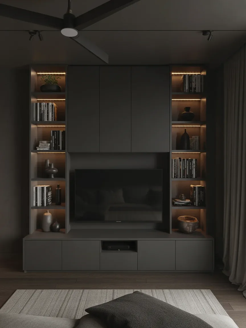 3. Dark Moody Media Wall With Built-In Shelving 3. Dark Moody Media Wall With Built-In Shelving