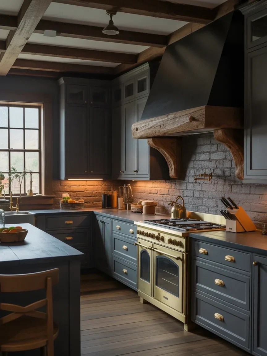 24. Dark Rustic Country Kitchen With Dramatic Warmth 24. Dark Rustic Country Kitchen With Dramatic Warmth