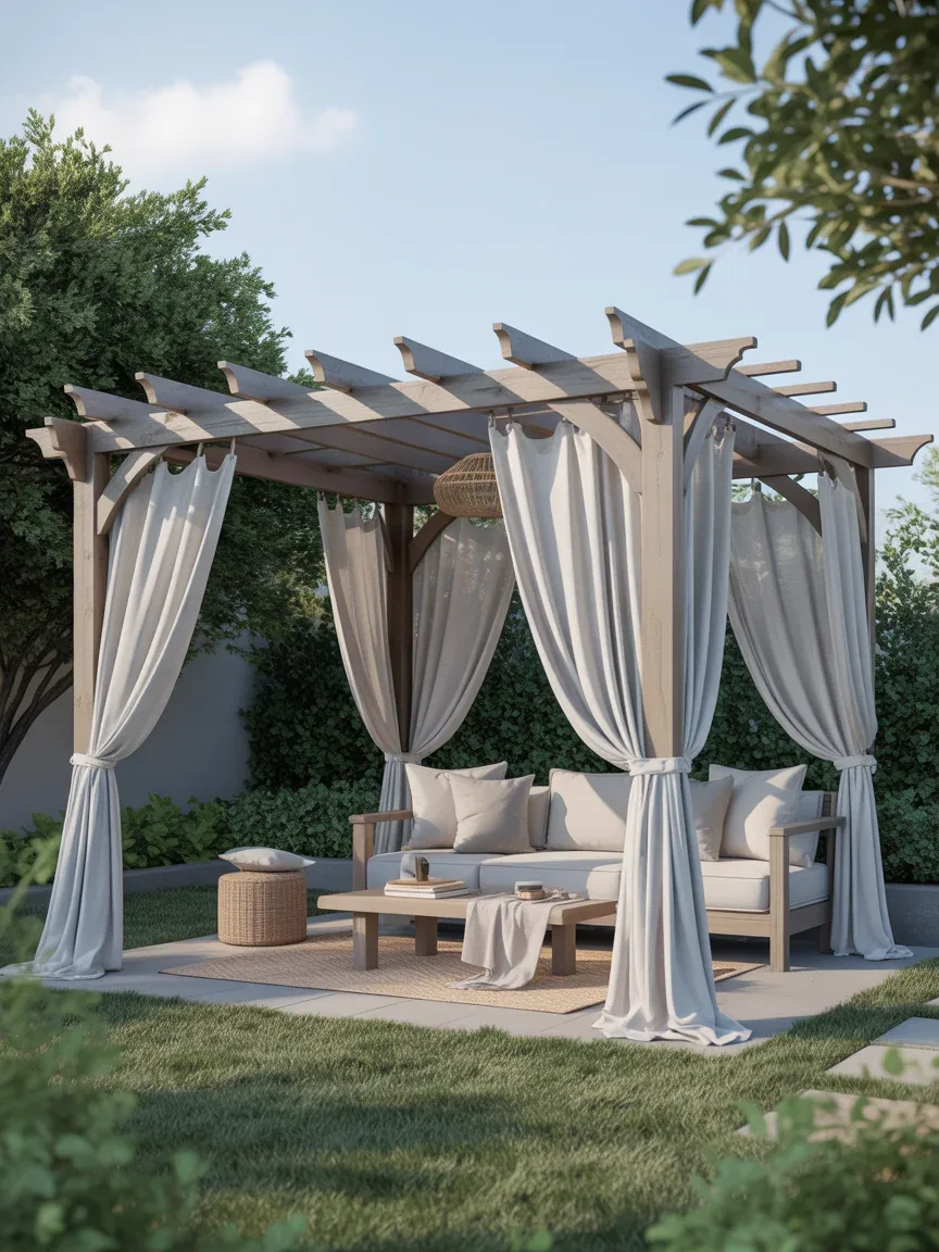 3. DIY Pergola Lounge With Flowing Curtains 3. DIY Pergola Lounge With Flowing Curtains