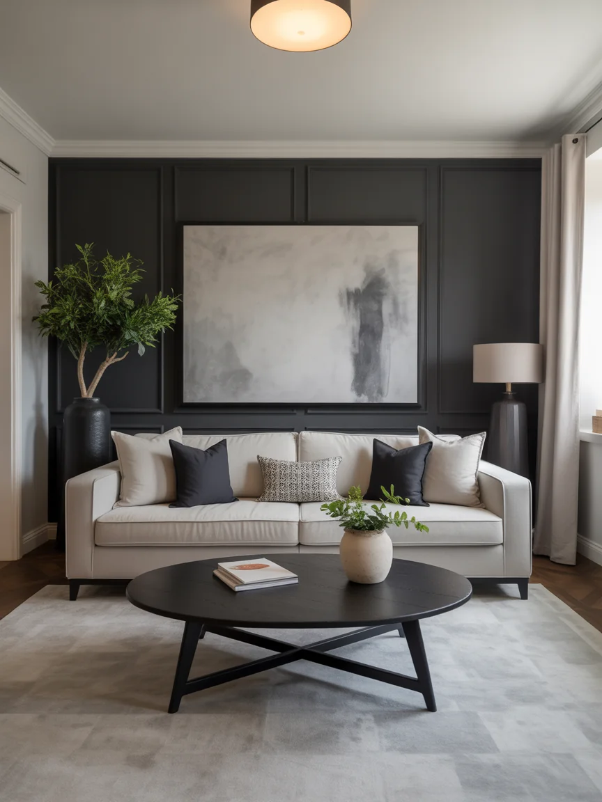 6. Dramatic Black Accent Wall Focus