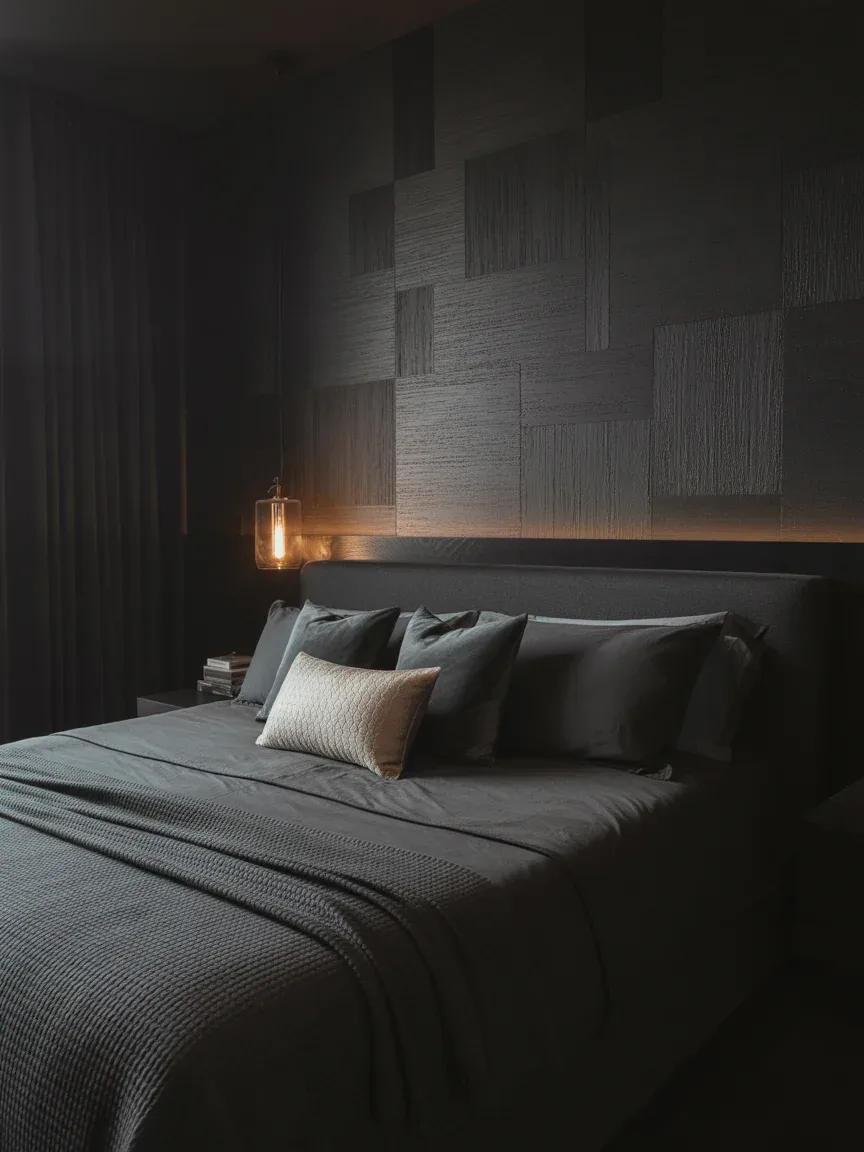18. Dramatic Black Bedroom With Textured Wallpaper 18. Dramatic Black Bedroom With Textured Wallpaper