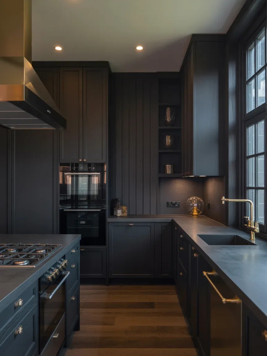 17. Dramatic Dark Kitchen With Luxe Finishes 17. Dramatic Dark Kitchen With Luxe Finishes