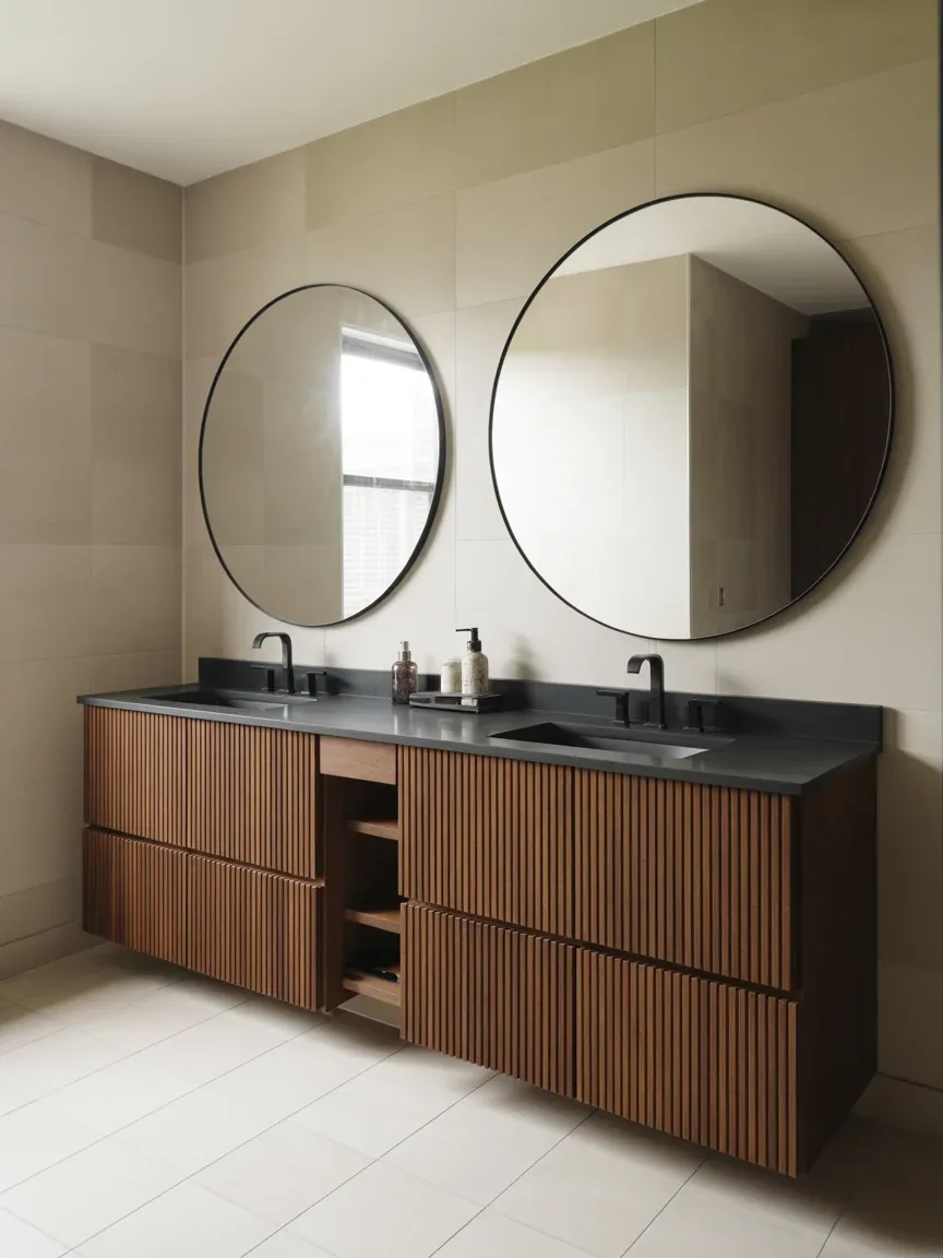 7. Dramatic Double Vanity With Vertical Wood Slats 7. Dramatic Double Vanity With Vertical Wood Slats