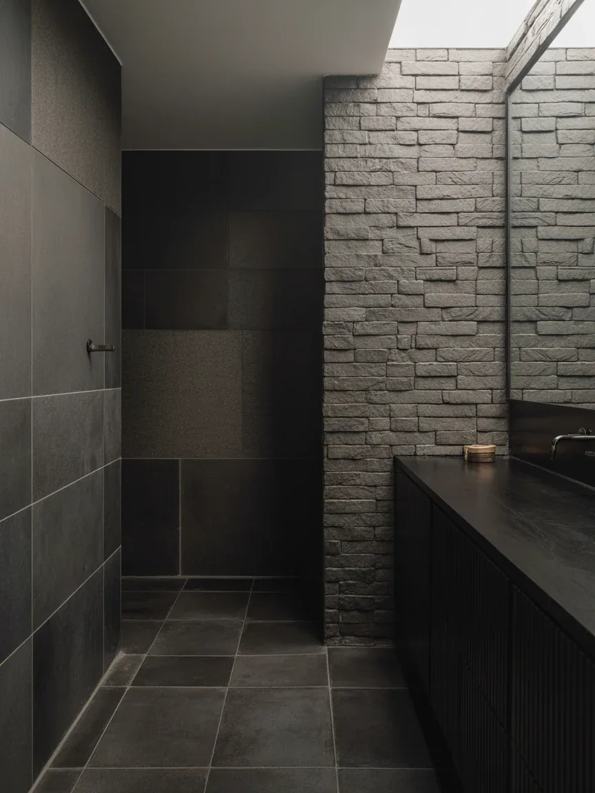 17. Dramatic Monochrome Stone Bathroom 17. Dramatic Monochrome Stone Bathroom