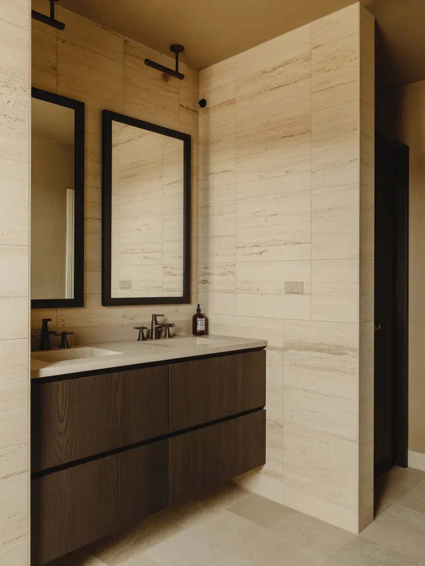 9. Earthy Modern Bathroom With Travertine And Black Accents 9. Earthy Modern Bathroom With Travertine And Black Accents