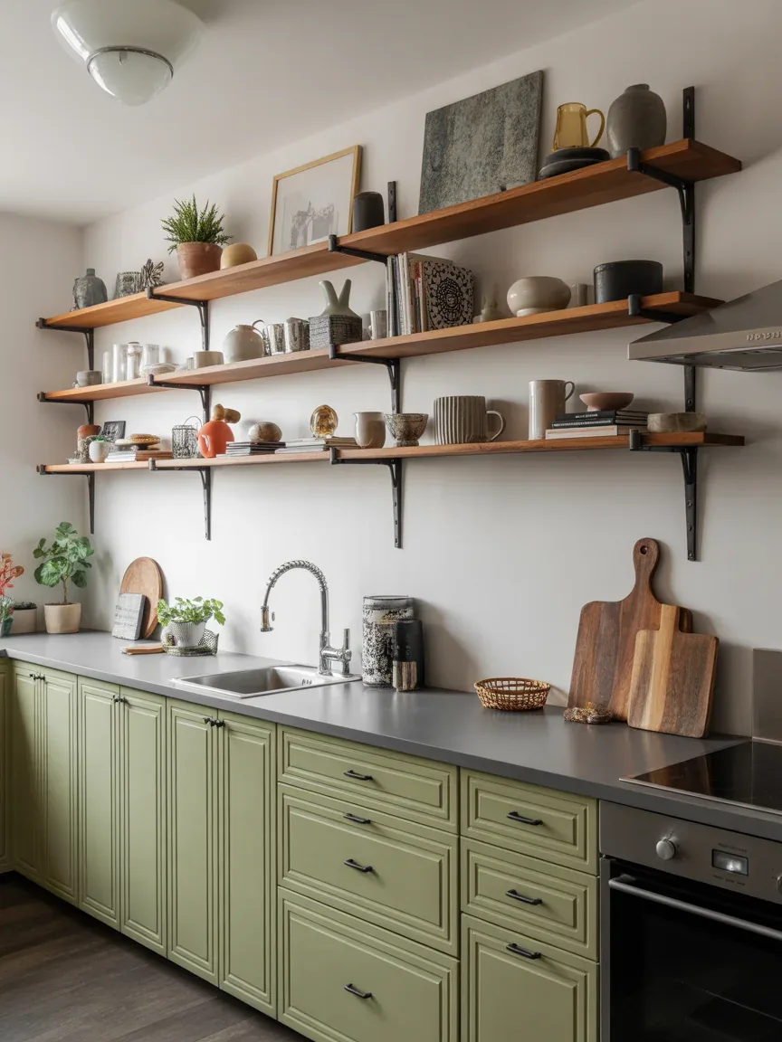 20. Eclectic Kitchen With Mixed Material Shelves 20. Eclectic Kitchen With Mixed Material Shelves
