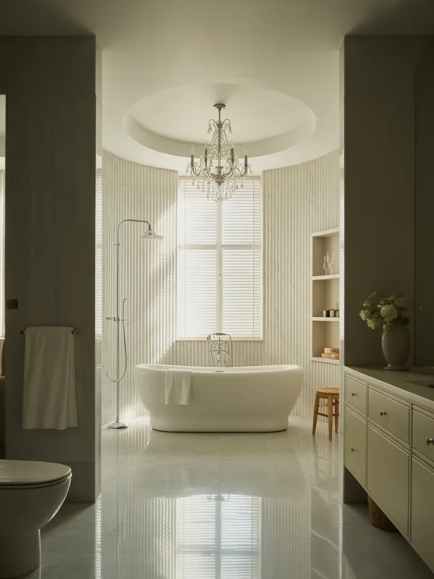 16. Elegant Bathroom With Mini Crystal Chandelier 16. Elegant Bathroom With Mini Crystal Chandelier