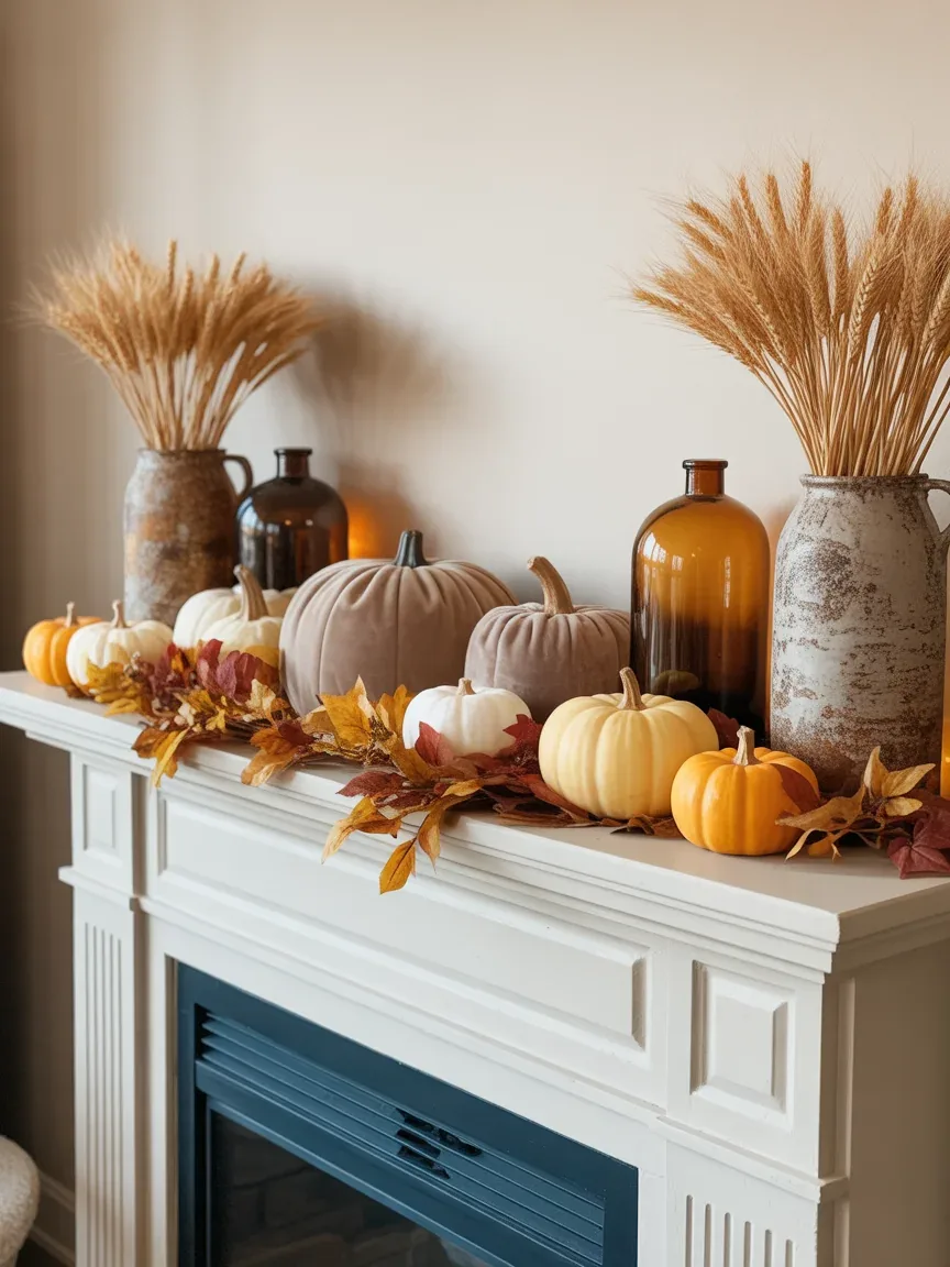 5. Fall Harvest Mantel With Pumpkins and Amber Tones 5. Fall Harvest Mantel With Pumpkins and Amber Tones