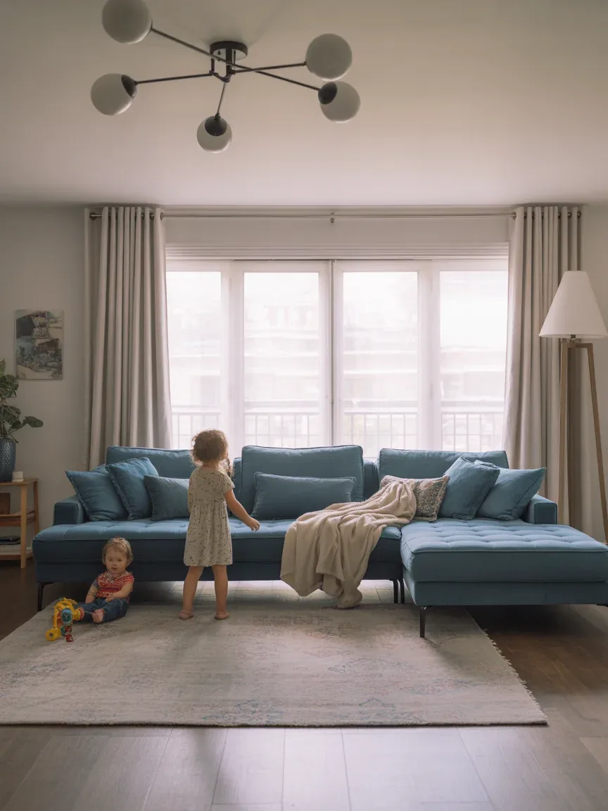 16. Family-Friendly Cozy Living Room With Blue Sectional 16. Family-Friendly Cozy Living Room With Blue Sectional
