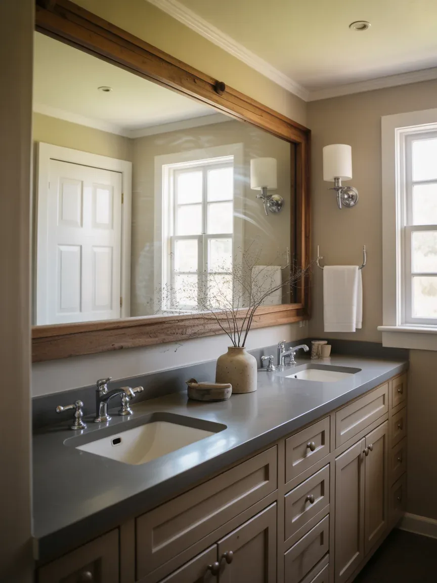 18. Farmhouse Bath With Oversized Mirror Wall 18. Farmhouse Bath With Oversized Mirror Wall