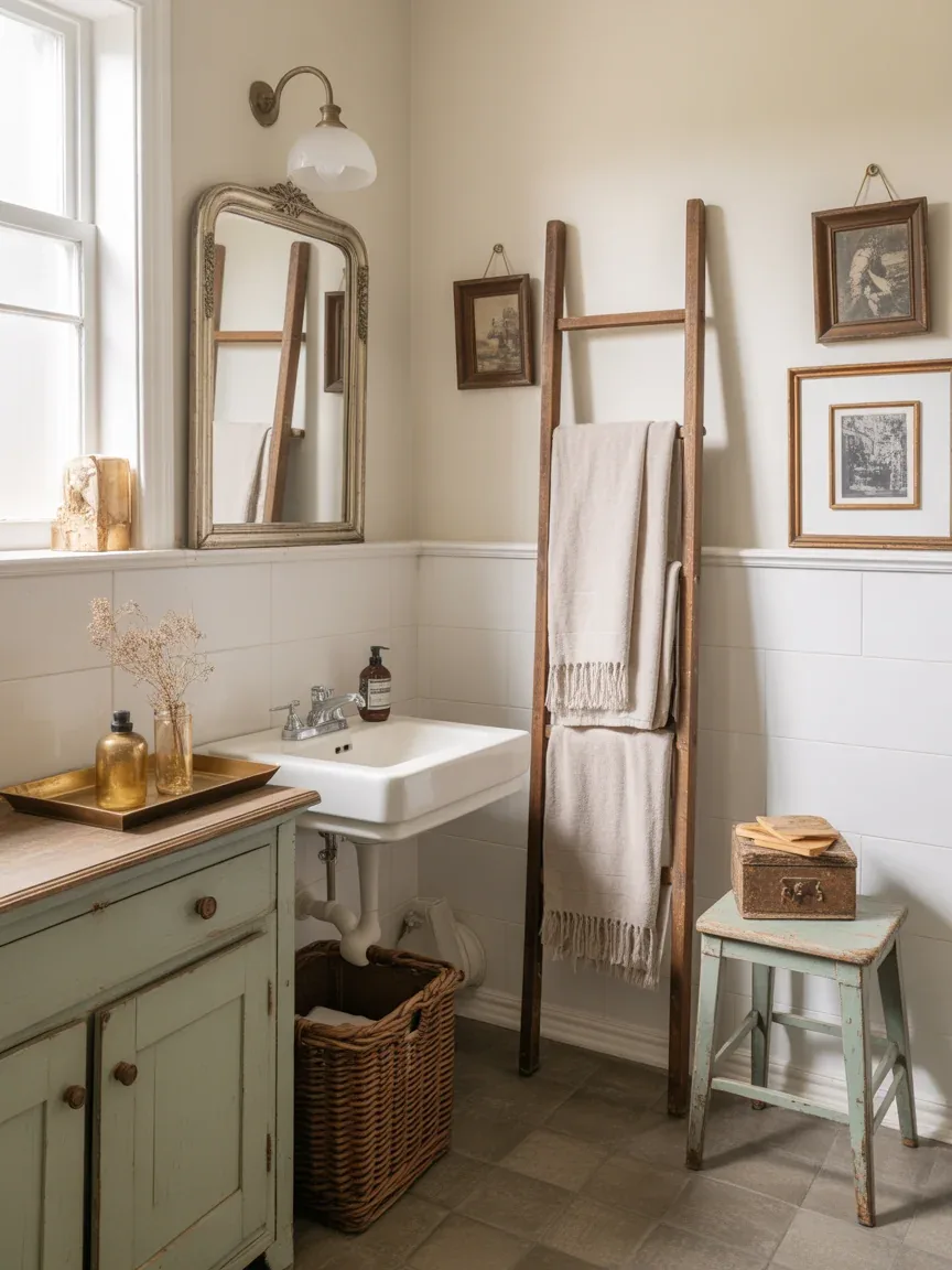 19. Farmhouse Bathroom With Antique Decor Layers 19. Farmhouse Bathroom With Antique Decor Layers