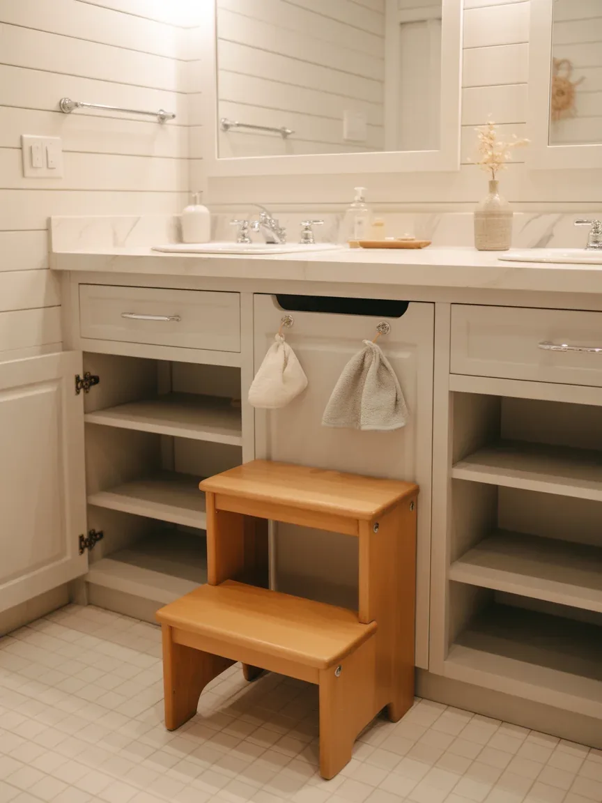 14. Farmhouse Bathroom With Built-In Step Stool Vanity 14. Farmhouse Bathroom With Built-In Step Stool Vanity