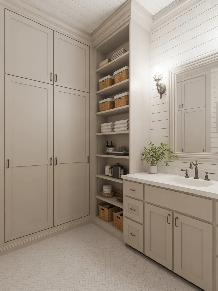 11. Farmhouse Bathroom With Built-In Storage Wall 11. Farmhouse Bathroom With Built-In Storage Wall