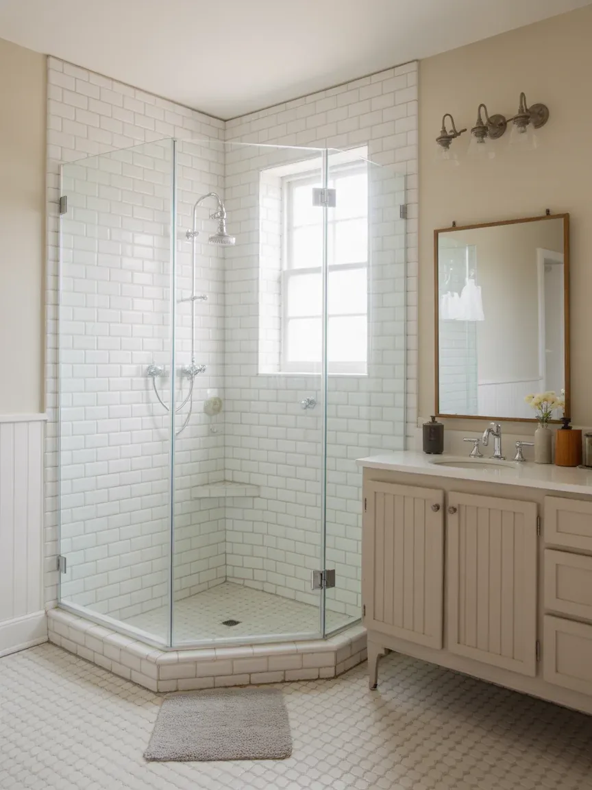 15. Farmhouse Bathroom With Corner Shower Layout 15. Farmhouse Bathroom With Corner Shower Layout
