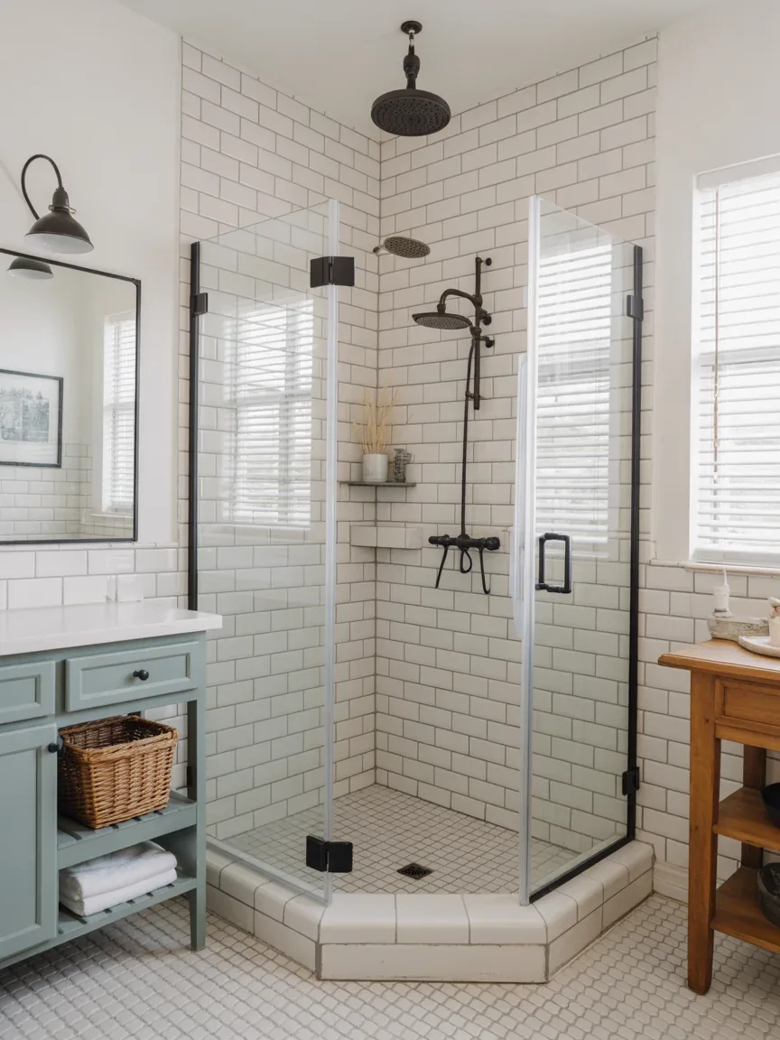 23. Farmhouse Bathroom With Glass Shower Enclosure 23. Farmhouse Bathroom With Glass Shower Enclosure