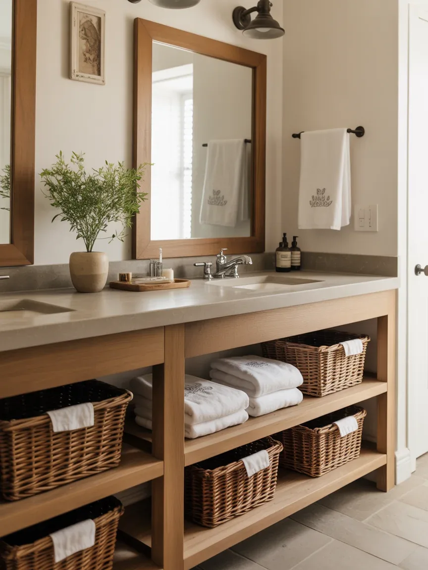 18. Farmhouse Bathroom With Open Shelf Vanity 18. Farmhouse Bathroom With Open Shelf Vanity