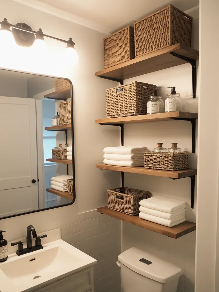 10. Farmhouse Bathroom With Open Shelving 10. Farmhouse Bathroom With Open Shelving