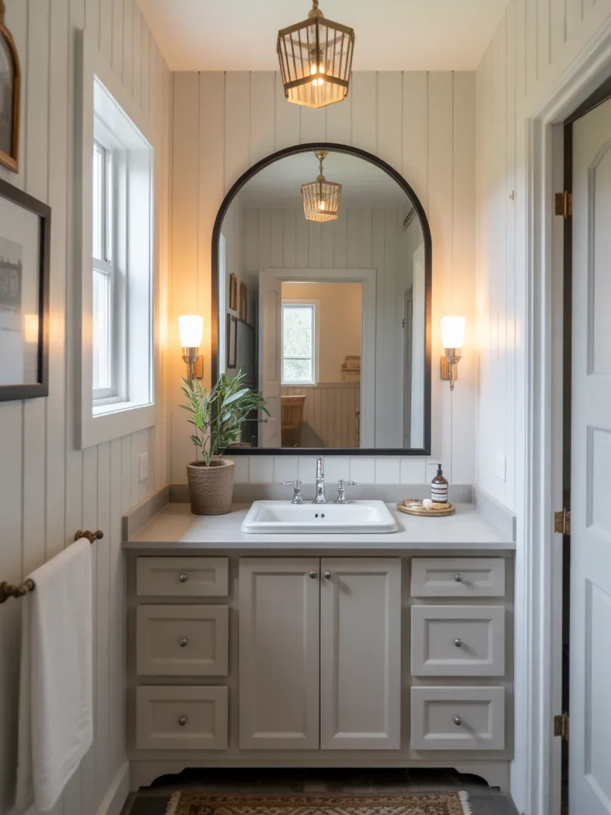 7. Farmhouse Bathroom With Oversized Mirror Trick 7. Farmhouse Bathroom With Oversized Mirror Trick