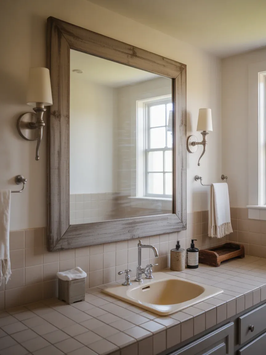 17. Farmhouse Bathroom With Oversized Rustic Mirror 17. Farmhouse Bathroom With Oversized Rustic Mirror