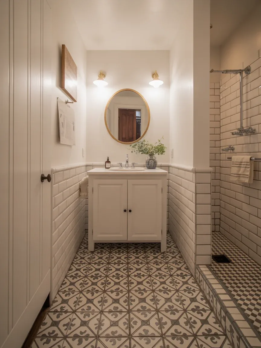 21. Farmhouse Bathroom With Patterned Floor Tile 21. Farmhouse Bathroom With Patterned Floor Tile