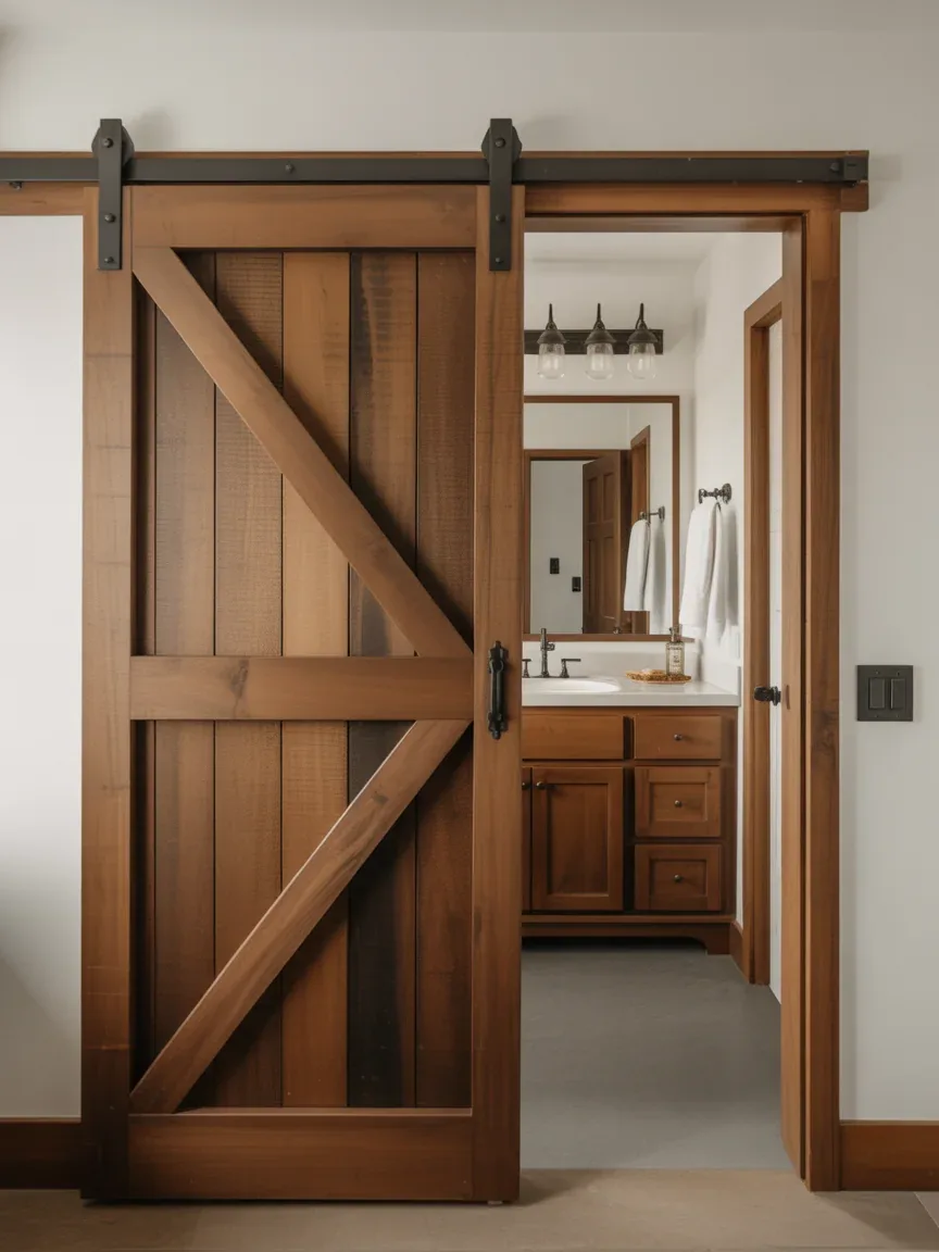 14. Farmhouse Bathroom With Sliding Barn Door Entrance 14. Farmhouse Bathroom With Sliding Barn Door Entrance