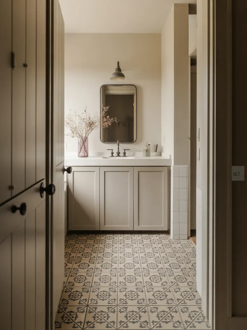 10. Farmhouse Bathroom With Statement Patterned Floor Tile 10. Farmhouse Bathroom With Statement Patterned Floor Tile