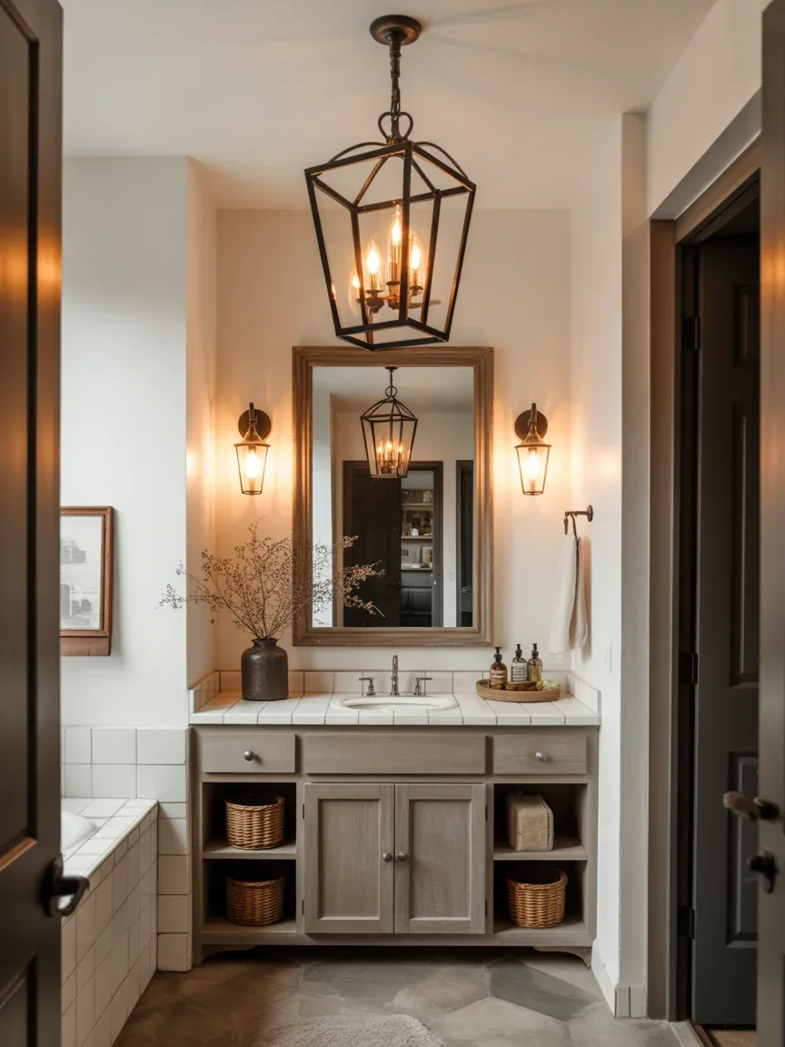 22. Farmhouse Bathroom With Statement Pendant Lighting 22. Farmhouse Bathroom With Statement Pendant Lighting