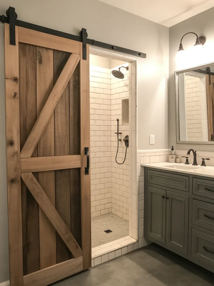 8. Farmhouse Bathroom With Statement Sliding Barn Door 8. Farmhouse Bathroom With Statement Sliding Barn Door