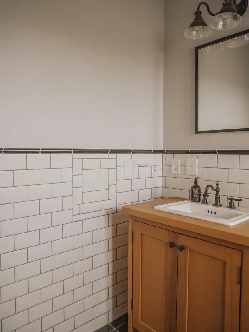 16. Farmhouse Bathroom With Tile Half Wall 16. Farmhouse Bathroom With Tile Half Wall