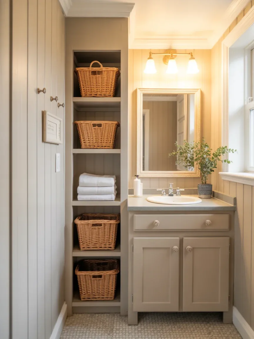 13. Farmhouse Bathroom With Vertical Storage Tower 13. Farmhouse Bathroom With Vertical Storage Tower
