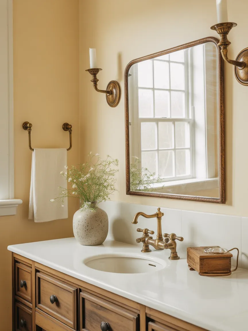 19. Farmhouse Bathroom With Vintage Brass Details 19. Farmhouse Bathroom With Vintage Brass Details