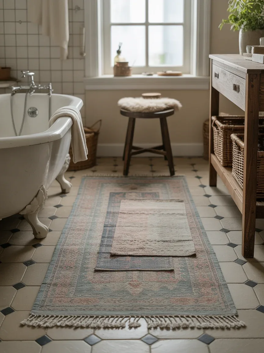 20. Farmhouse Bathroom With Washable Rug Layers 20. Farmhouse Bathroom With Washable Rug Layers