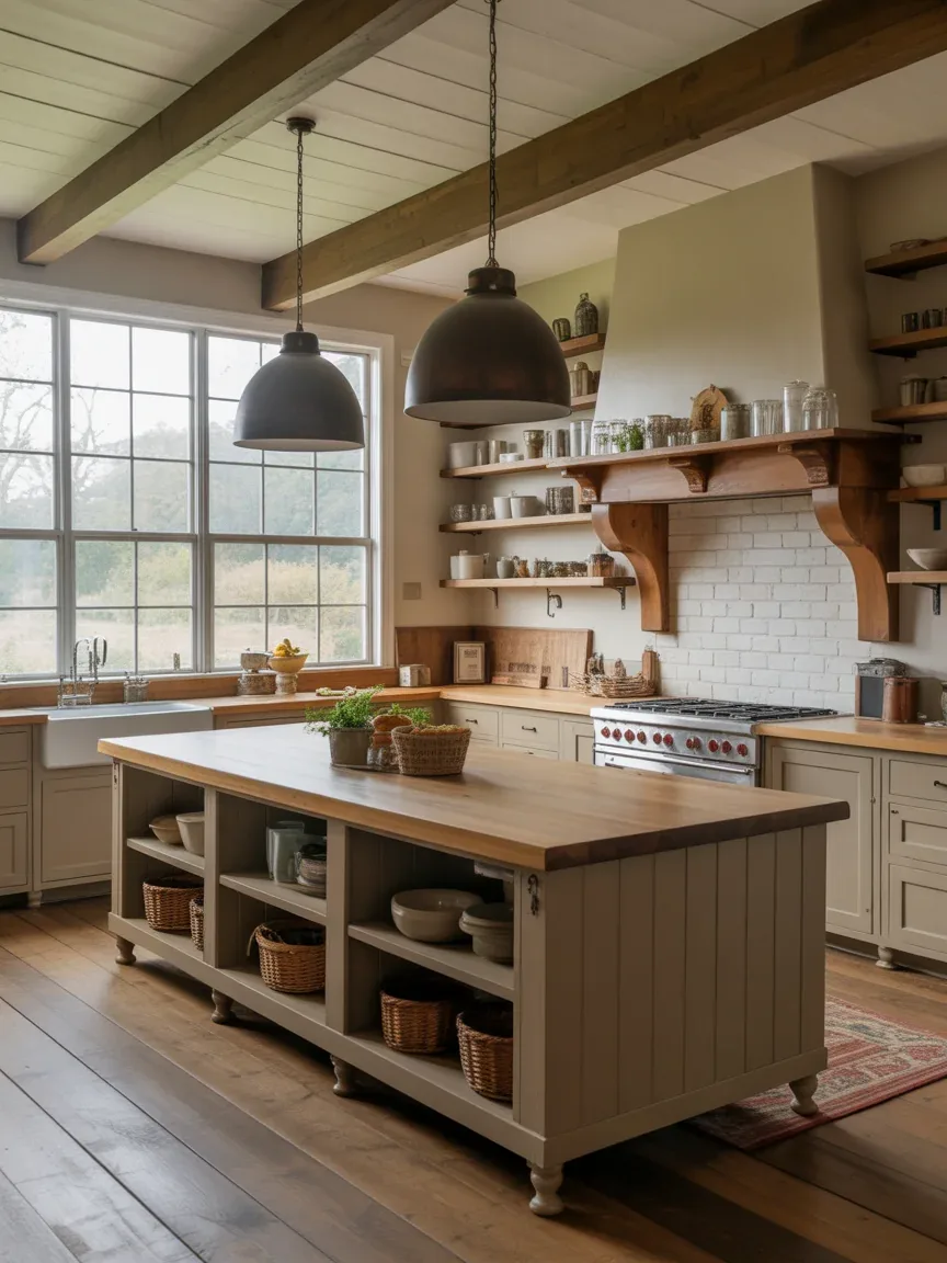 20. Farmhouse Kitchen With Oversized Rustic Island 20. Farmhouse Kitchen With Oversized Rustic Island