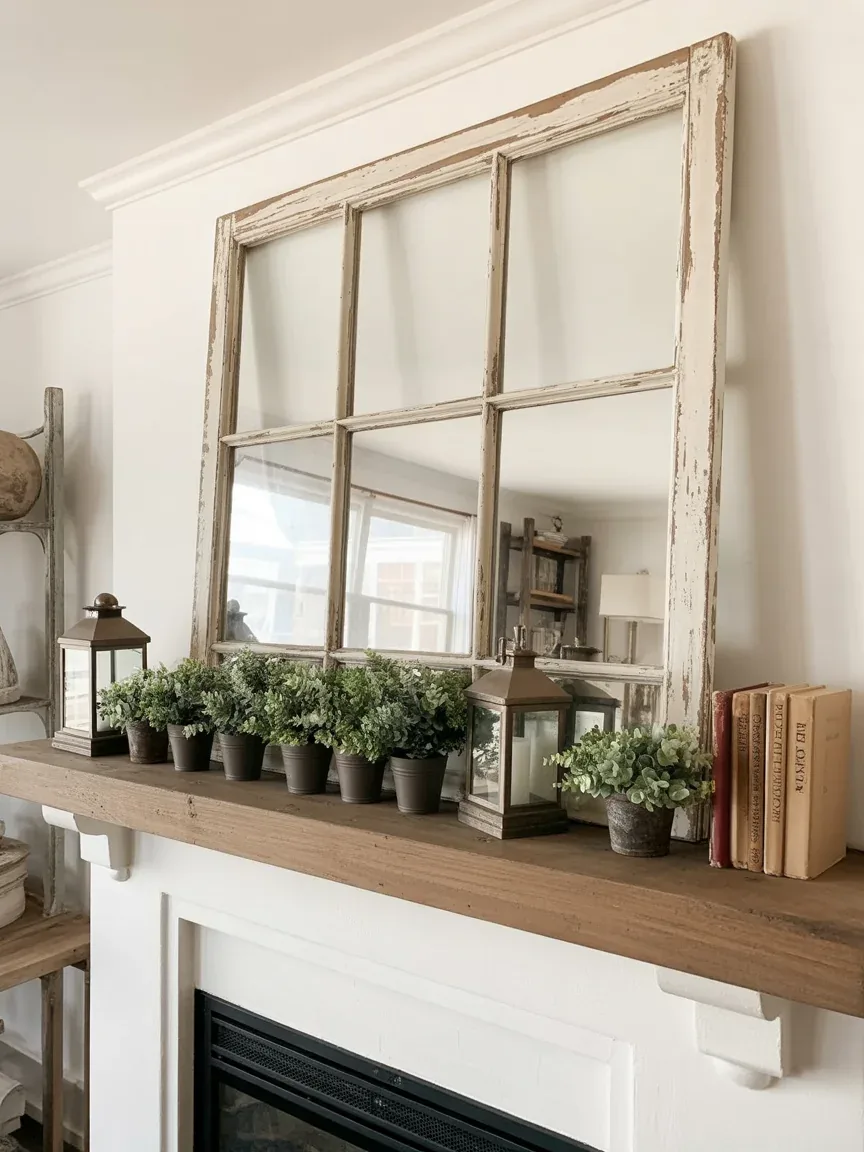 10. Farmhouse Mantel With Antique Window Frame Focal Point 10. Farmhouse Mantel With Antique Window Frame Focal Point