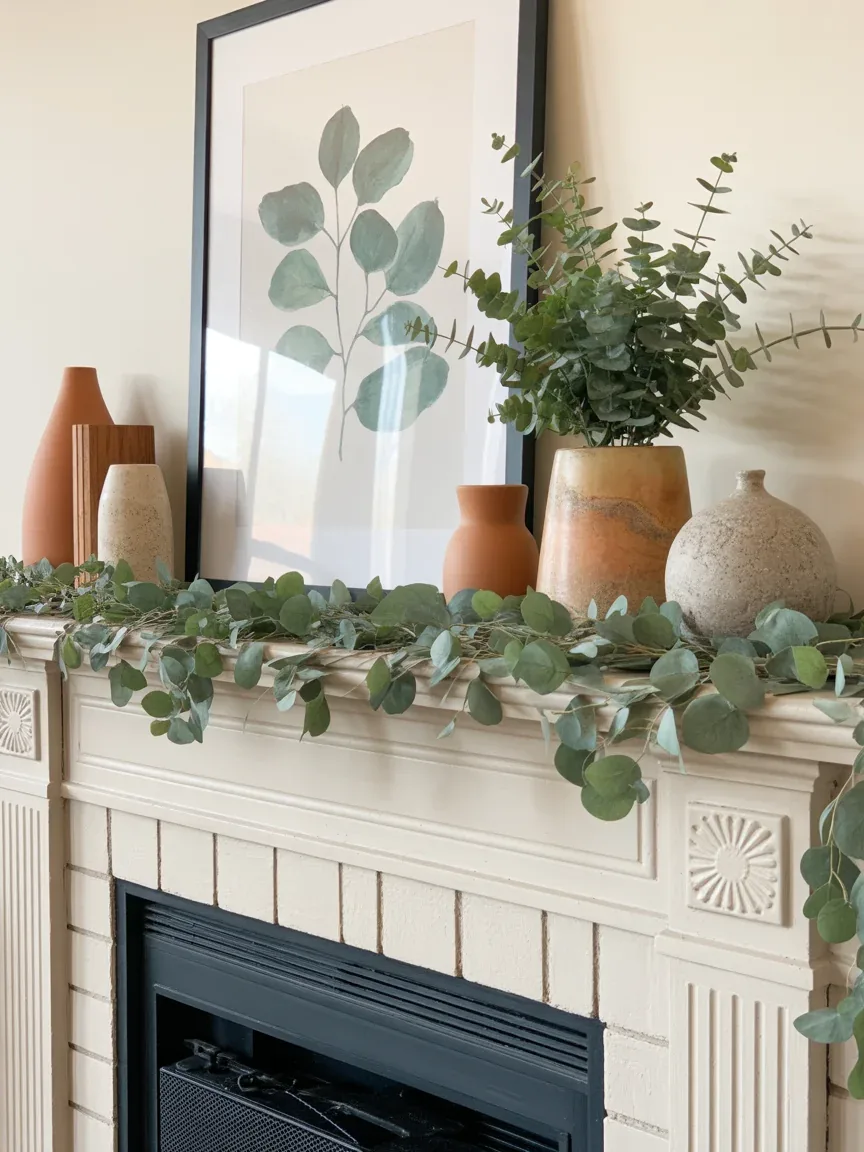 18. Farmhouse Mantel With Greenery Garland and Botanical Prints 18. Farmhouse Mantel With Greenery Garland and Botanical Prints