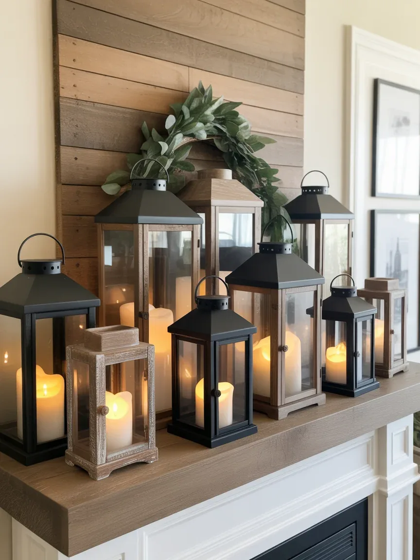 15. Farmhouse Mantel With Layered Lantern Collection 15. Farmhouse Mantel With Layered Lantern Collection