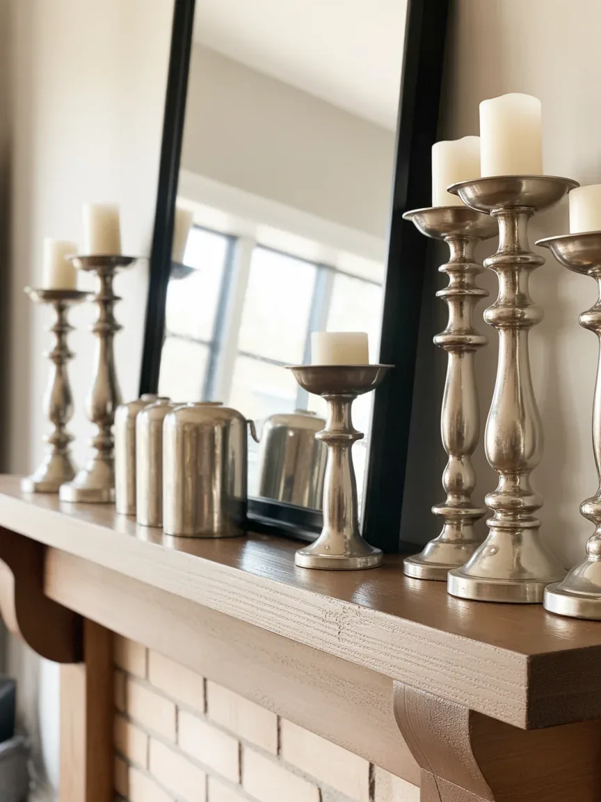 19. Farmhouse Mantel With Mixed Metals and Warm Wood 19. Farmhouse Mantel With Mixed Metals and Warm Wood