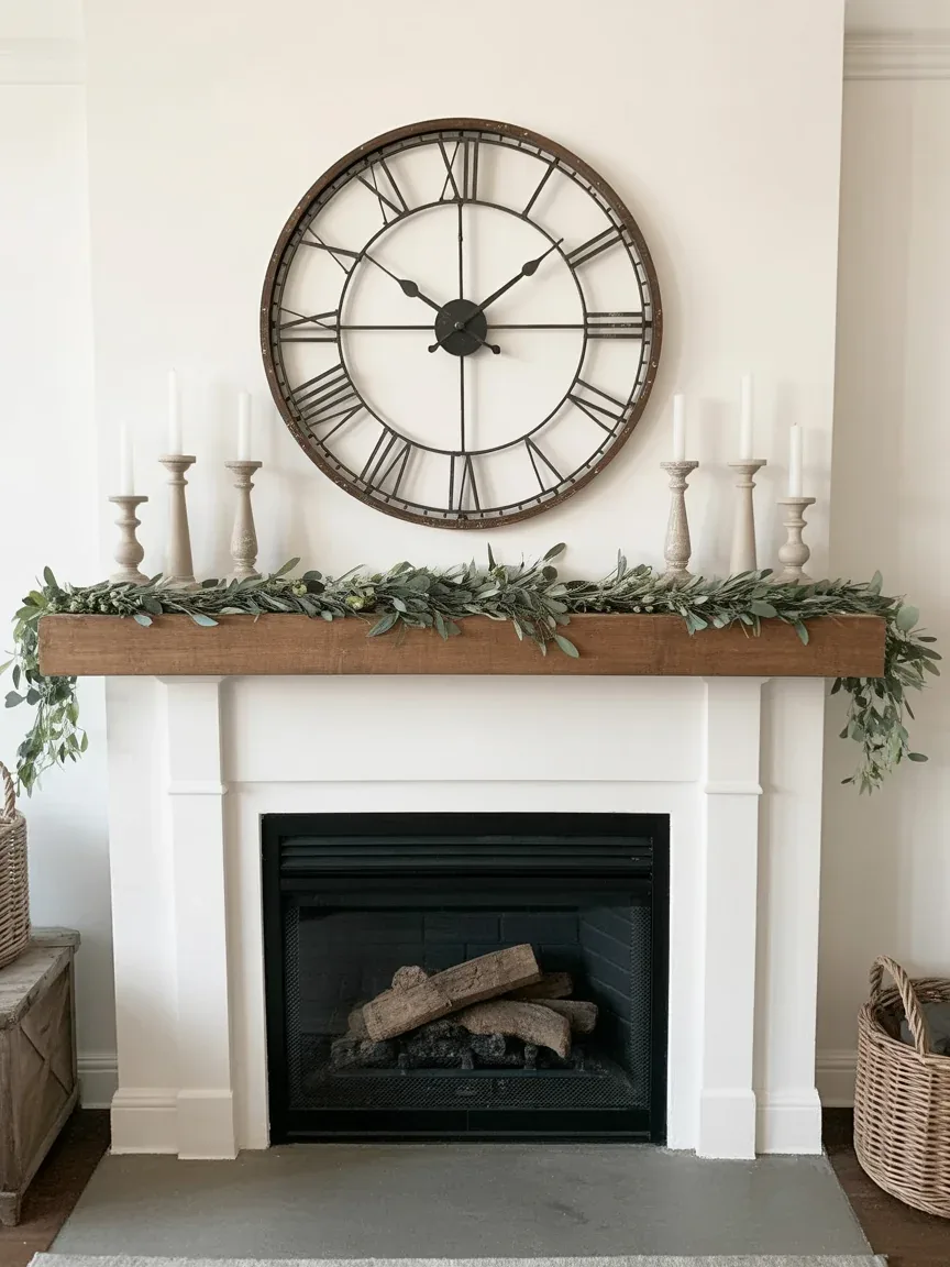 16. Farmhouse Mantel With Oversized Clock Statement Piece 16. Farmhouse Mantel With Oversized Clock Statement Piece