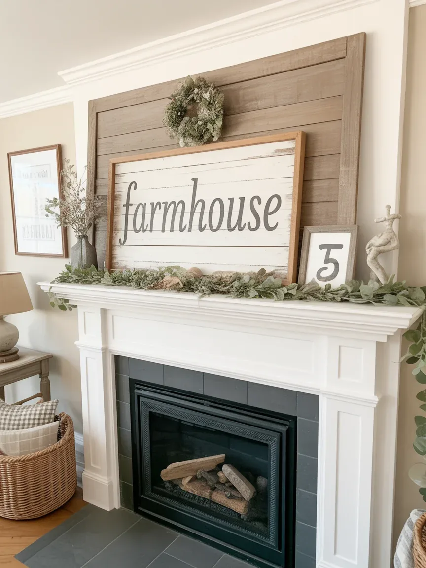 13. Farmhouse Mantel With Seasonal Interchangeable Sign Display 13. Farmhouse Mantel With Seasonal Interchangeable Sign Display