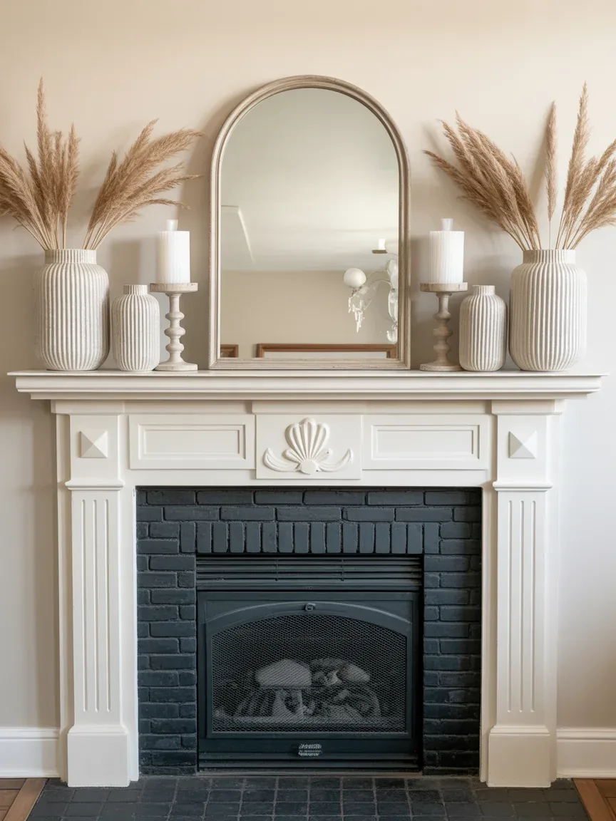 21. Farmhouse Mantel With Symmetrical Balanced Styling 21. Farmhouse Mantel With Symmetrical Balanced Styling