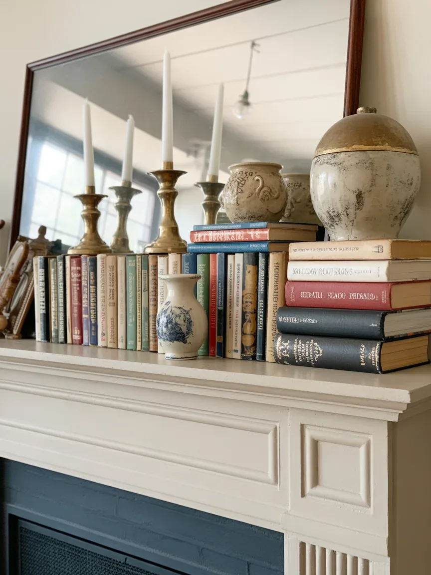 20. Farmhouse Mantel With Vintage Books and Collected Decor 20. Farmhouse Mantel With Vintage Books and Collected Decor