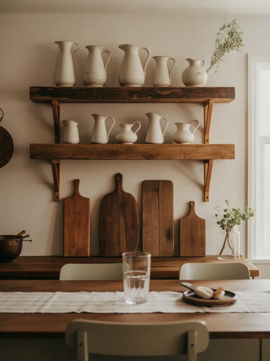 3. Farmhouse Shelves With Vintage Pitchers And Wood Boards 3. Farmhouse Shelves With Vintage Pitchers And Wood Boards